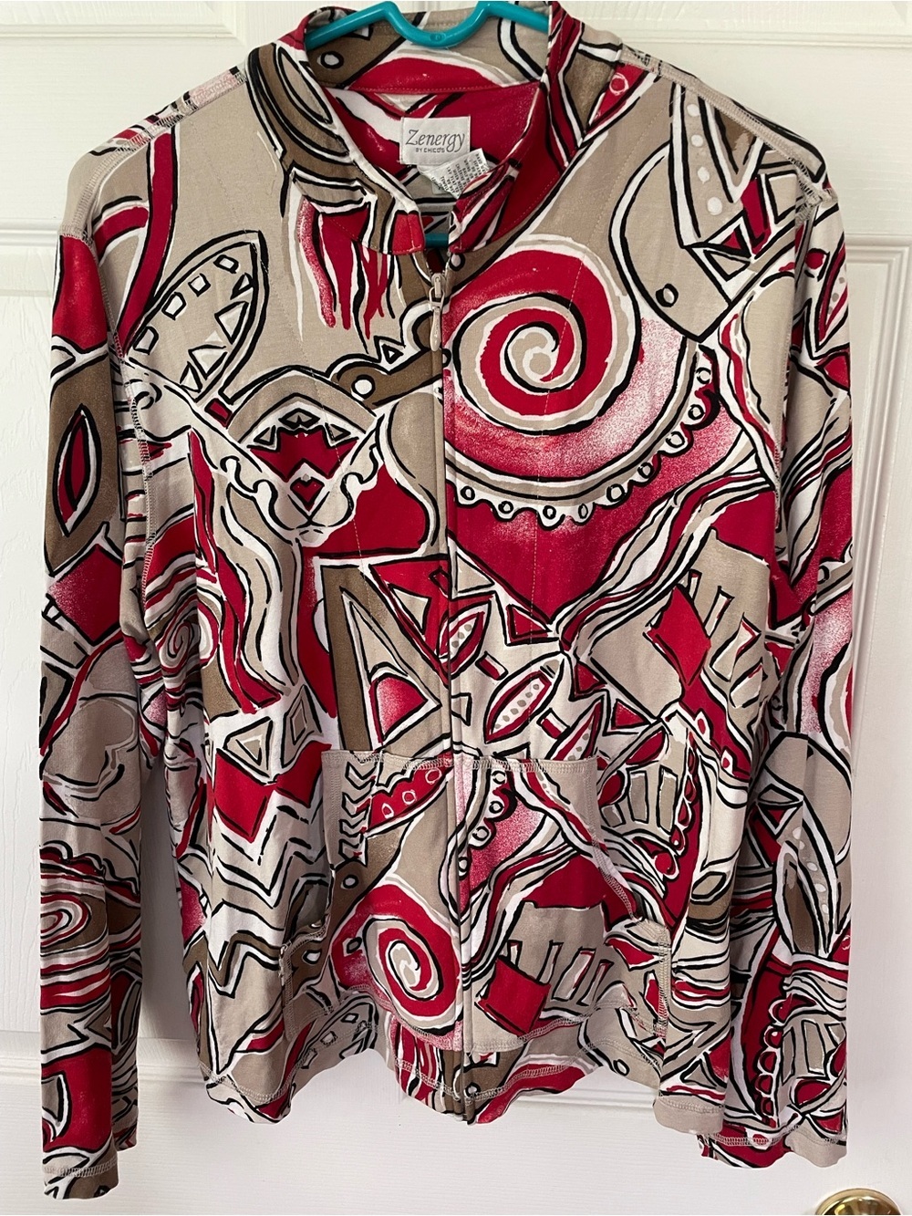Zenergy by Chico’s Size 3 XL 16-18 Abstract Print Zip Jacket Red Beige